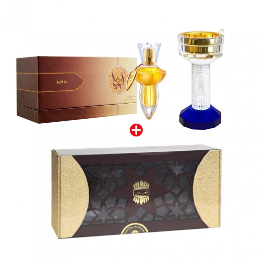 Ajmal Bakhoor Glass Burner With Metal Cup And Tray + Hindi Super Super Bakhoor 50 g + Abia For Women EDP 75ml