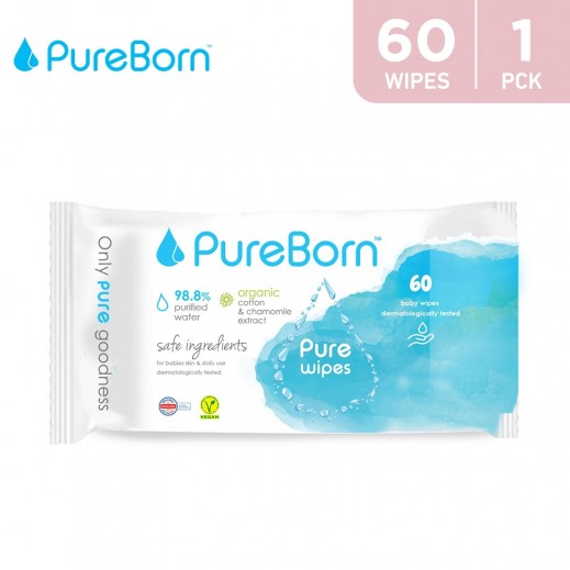 PureBorn Baby Chemical Free Wipes 60 Wipes  - delivered by Taw9eel Fast