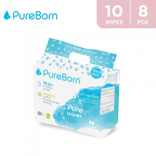 PureBorn Baby Chemical Free Travel Wipes 8 x 10 Wipes  - delivered by Taw9eel Fast