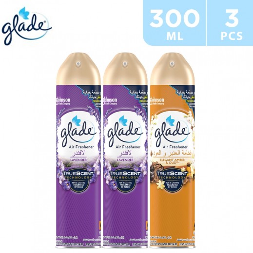 Glade Lavender And Elegant Amber & Oud Air Freshener Spray 3 x 300 ml - delivered by Taw9eel Fast