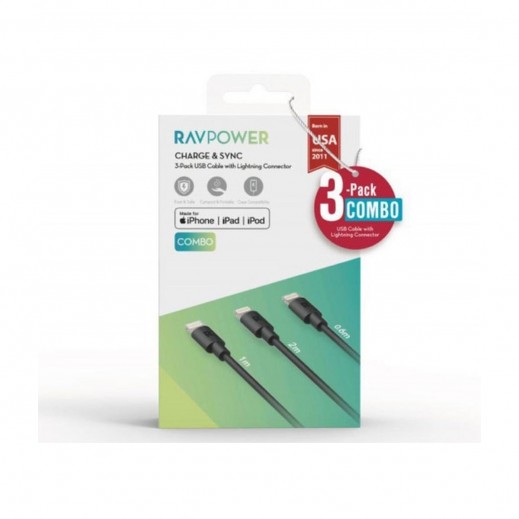 RAVPower Lightning Cable (0.6m / 1m / 2m) – Black - 3 PCS | توصيل ...