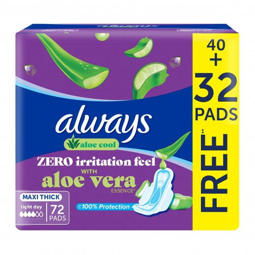 Always Aloe Cool Light Days Towels, 72 Long & Thick Maxi Pads