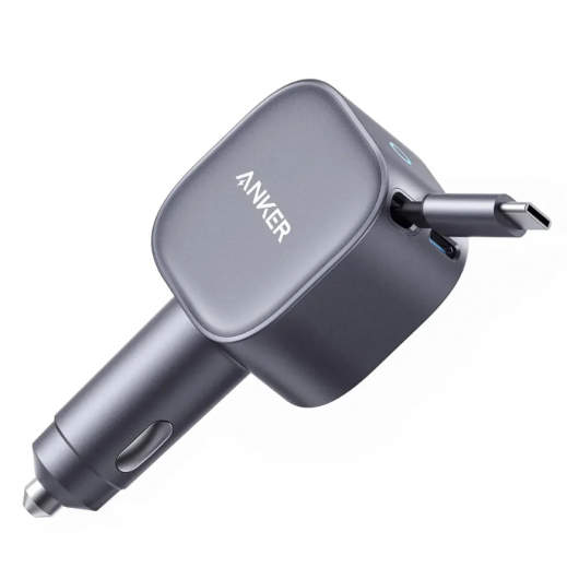 Anker Nano Car Charger (75W, USB-C Port, Built-in Retractable USB-C Cable) - Silver