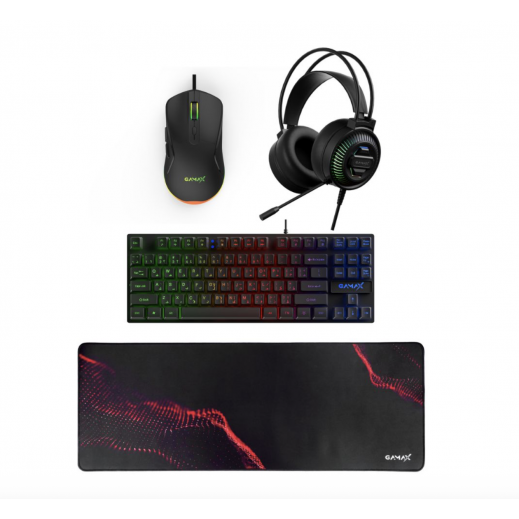 GaMax 4-in-1 Wired PC Accessory Set Arabic Keyboard Mouse Mousepad Headset - Black