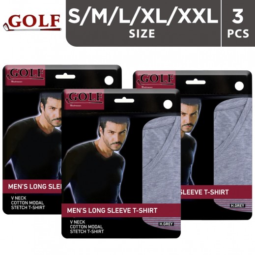 Golf T-Shirt Long Sleeve With V Neck For Men Grey - 3 Pieces
