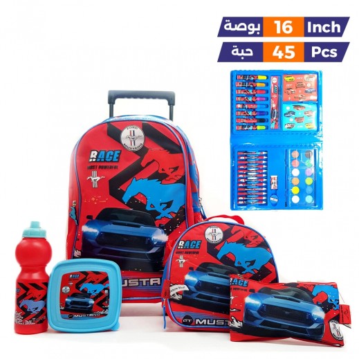 Promobox Mustang Printed Trolley School Bag Set 45 Pieces - 16 inches