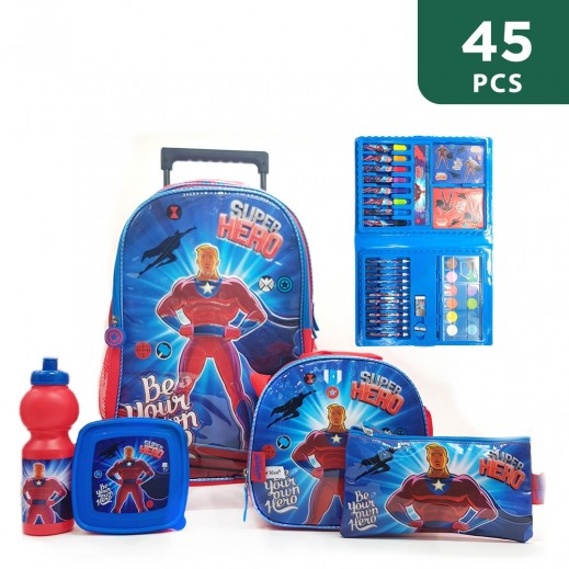 Promobox Hero Printed Trolley School Bag Set 45 Pieces - delivered by Taw9eel Fast