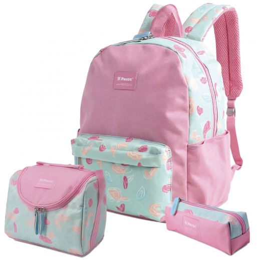 Set Of 3 Flower Skyblue Printed Backpack - 16 inches