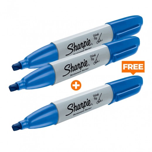 Sharpie Chisel-Tip Blue Permanent Marker Pen 2 + 1 Free