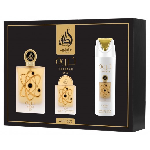 Lattafa 3Pcs Gift Set Pride Tharwah Gold EDP 100Ml + 20Ml + Deo 200Ml 