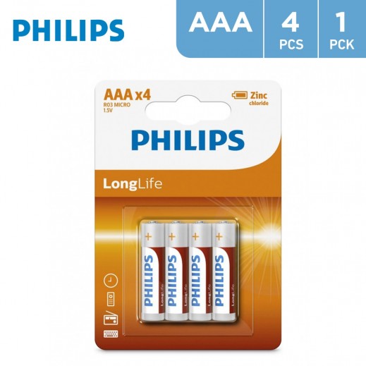Philips AAA 1.5V Longlife Zinc Chloride Batteries - 4PCS (R03L4B/97)
