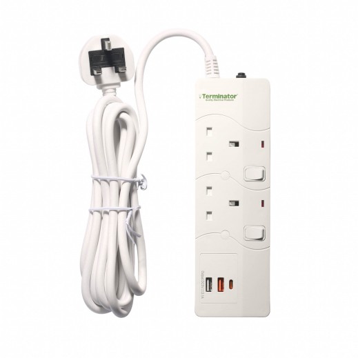 Terminator 2 Way UK Power Extention Socket with 3 USB Port - 3M