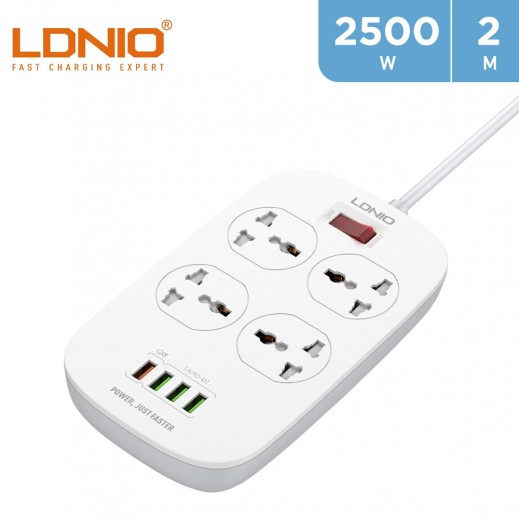LDNIO 4 Sockets Power Extension 2m with 4 USB Ports - White - delivered by Taw9eel Fast