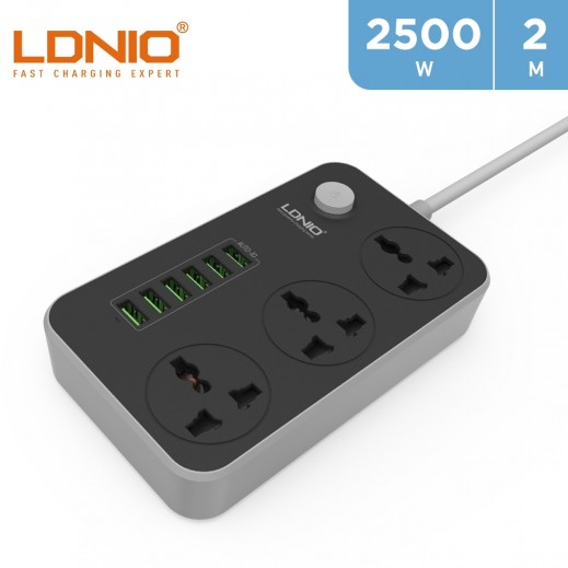 LDNIO 3 Sockets Power Extension with 6 USB Ports 2m - Black - delivered by Taw9eel Fast