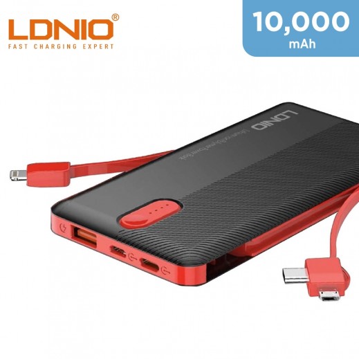 LDNIO 10000mAh 1 USB with Built-in cables for USB-C, Lightning and Micro USB - Black - delivered by Taw9eel Fast