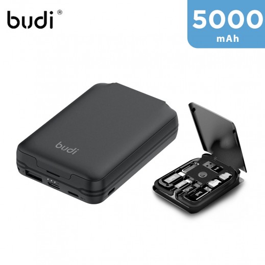 Budi 6-in-1 5000mAh Power Bank with Data Cables and Sim Card Holder - Black - delivered by Taw9eel Fast