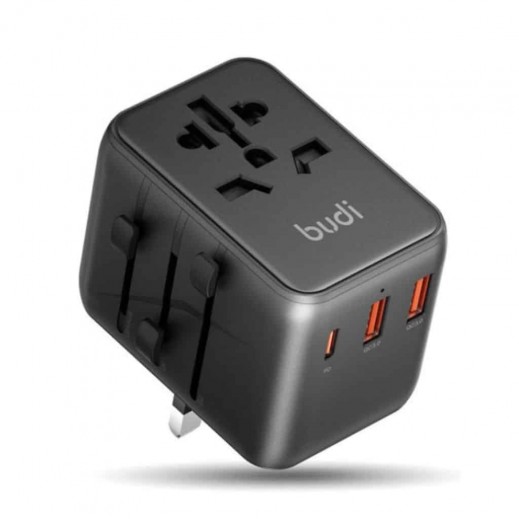 Budi 20W Dual USB & Type- C Global Travel Charger - Black - delivered by Taw9eel Fast
