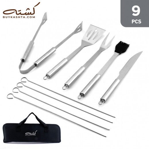 Kashta 9 Pieces Stainless Steel BBQ Grill Tools with Bag - delivered by Taw9eel Fast