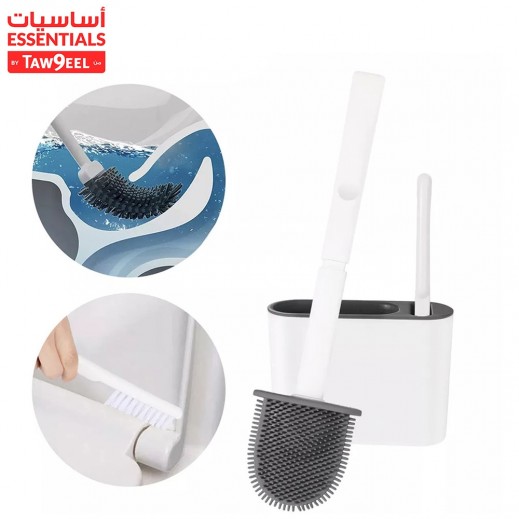 Essentials By Taw9eel Flat Silicone Toilet Brush with Plastic Plunger 