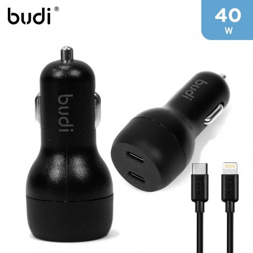 Budi PD 40W Dual Smart Quick Car Charger with USB-C to Lightning Cable 1.2 m - delivered by Taw9eel Fast