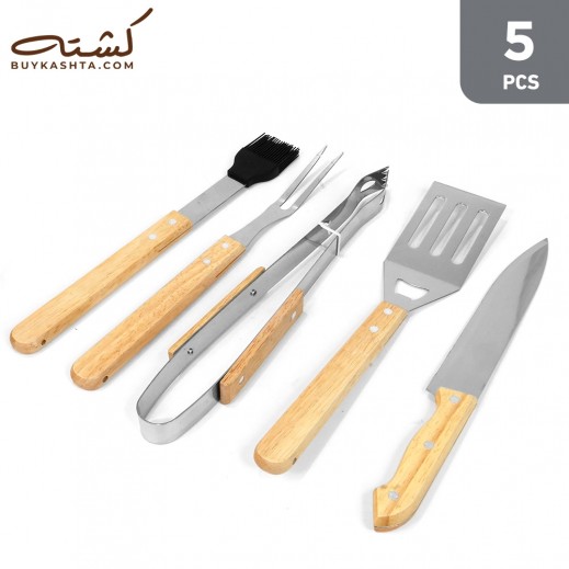 Kashta Wooden Handle BBQ Tool Set With Carry Bag 5 Pieces - delivered by Taw9eel Fast