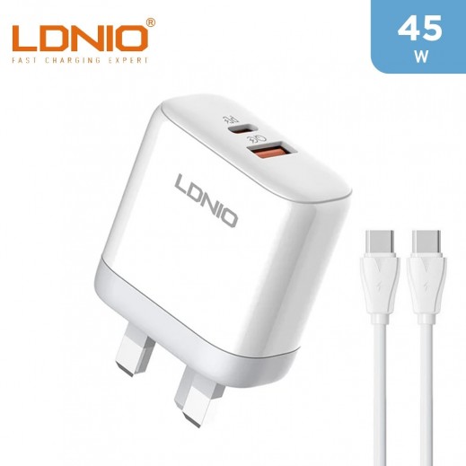 LDNIO 45W Fast Wall Charger PD/QC + Type-C to Type-C Cable - White - delivered by Taw9eel Fast