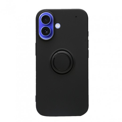 Liquid Silicone Phone Case With Ring Holder For Iphone 16 By Powerey - Black