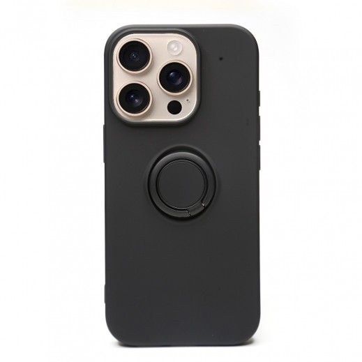 Liquid Silicone Phone Case With Ring Holder For Iphone 16 Pro By Powerey - Black - delivered by Taw9eel Fast