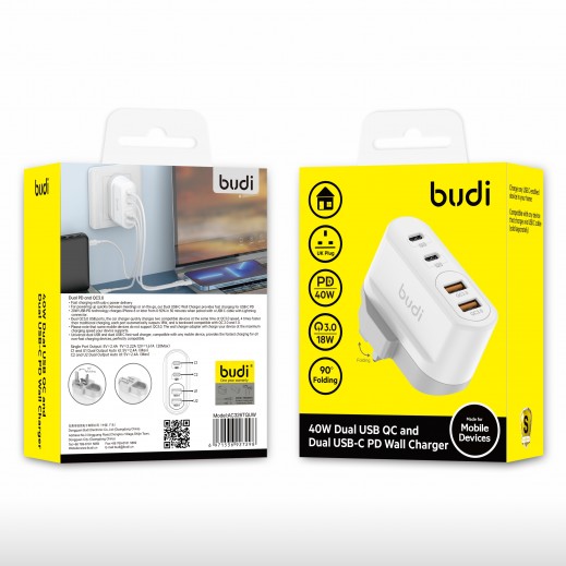 40W Dual USB QC & Dual USB-C PD Wall Charger by Budi - delivered by Taw9eel Fast