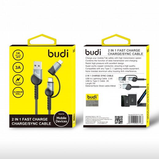 2 in 1 Charge Sync Cable USB to Lightning & USB to Type-C 1m by Budi - delivered by Taw9eel Fast