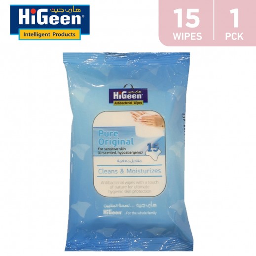 HiGeen Orginal Sensitive Skin Anti Bacterial Wipes 15 Pieces - delivered by Taw9eel Fast
