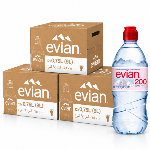 Evian Natural Mineral Water Sports Cap Bottle 12 x 750ml 3 Cartons