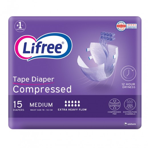 Lifree Compressed Adult Tape Diaper Extra Heavy Flow Medium Size 15 Counts