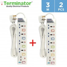 Terminator 4 Way Power Extension with 2 USB Ports 3 M – White (2PCS)