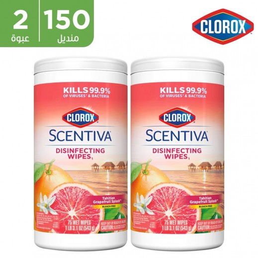 كلوركس - مناديل سينتيفا رطبة مطهّرة برائحة الجريب فروت التاهيتي - 2 × 75 منديل  - يتم التوصيل بواسطة توصيل فاست