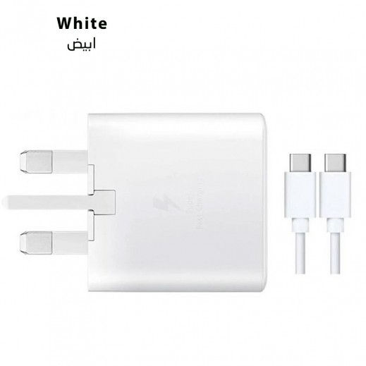 شاحن السفر سامسونج 25 واط مع كيبل من النوع C إلى النوع C - أبيض - يتم التوصيل بواسطة توصيل فاست