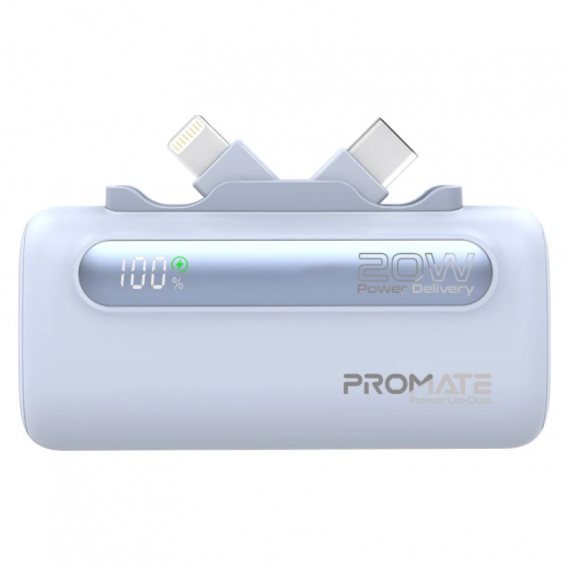 Promate 5000mAh  Power Bank with Dual Folding Type-C & Lightning Connector - يتم التوصيل بواسطة توصيل فاست