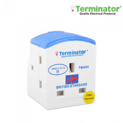 تيرميناتور - محول طاقة متعدد المقابس 3 اتجاهات مع مؤشر وفيوزات بقوة 13 أمبير - أبيض وأزرق - يتم التوصيل بواسطة توصيل فاست