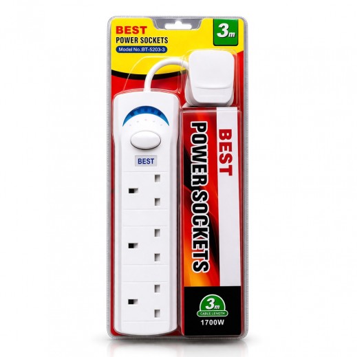 بست - وصلة كهربائية 3 منافذ 3 أمتار - يتم التوصيل بواسطة توصيل فاست