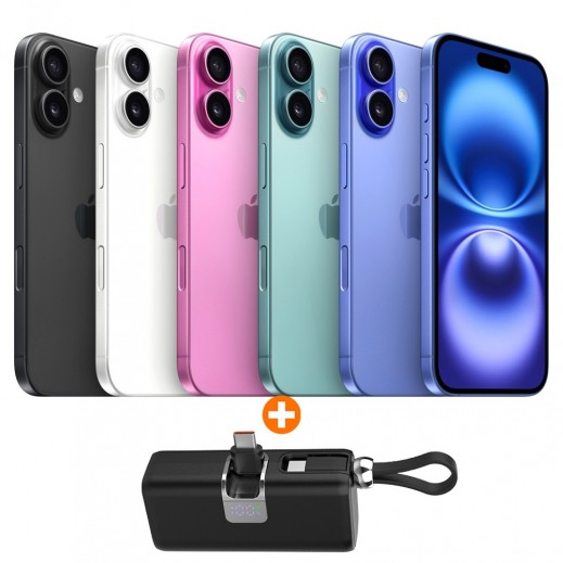 أبل - آيفون 16 8 جيجابايت 128 جيجابايت + باور بانك صغير 5000 مللي أمبير ساعة مدمج وقابل للطي أسود من باوراي