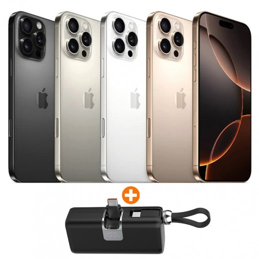 أبل آيفون 16 برو 8 جيجابايت - 256 جيجابايت + باوراي باور بانك صغير 5000 مللي أمبير ساعة - تايب سي - أسود