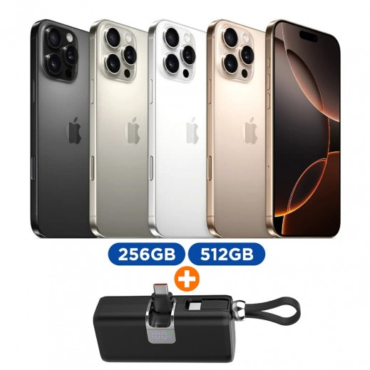 أبل - آيفون 16 برو ماكس 8 جيجابايت + باور بانك صغير 5000 مللي أمبير ساعة مدمج وقابل للطي من باوراي - أسود