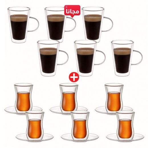 أرامورو طقم أكواب شاي زجاج مزدوج الجدار 100 مل 12 حبة + طقم أكواب زجاجية مزدوجة الجدار 200 مل 6 حبة مجانا
