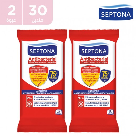 مناديل سيبتونا مضادّة للجراثيم بالسبيرتو ( 2 × 15 منديل) 