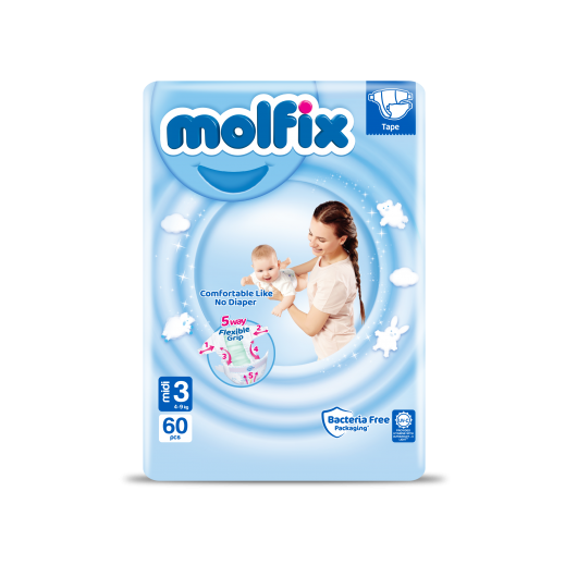 مولفيكس - حفاضات للأطفال مقاس 3 (4-9 كجم) - 60 حفاضة - يتم التوصيل بواسطة توصيل فاست