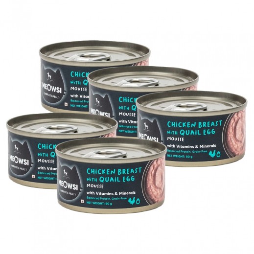 هوفت ميوسي طعام رطب معلب للقطط خالٍ من الحبوب بنكهة صدر الدجاج مع موس بيض السمان 5 × 80 جم
