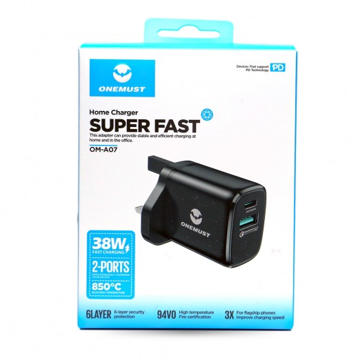 وأن ماست شاحن فائق السرعة بقوة 38 واط بمنفذي USB-A وType-C - أسود