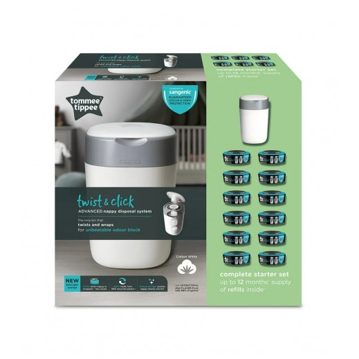 تومي تيبي - جهاز التخلص من الحفاضات "تويست آند كليك" المتطور سانجينيك + 12 قطعة إعادة تعبئة - أبيض - يتم التوصيل بواسطة Smart Choice within 24 hours 