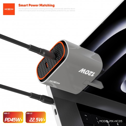 شاحن جداري سريع الشحن 120 واط بمنفذي USB-C UK من موكسوم - يتم التوصيل بواسطة توصيل فاست