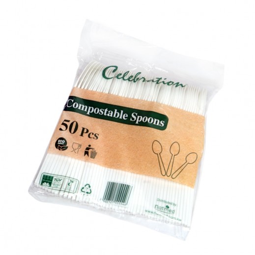 ملاعق طاولة للاستخدام مرة واحدة قابلة للتحلل من سيليبريشن 50 حبة - أبيض